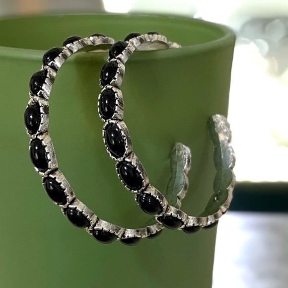 Large Black & Silver Sante Fe Style Post Hoops - Picture 2 of 7